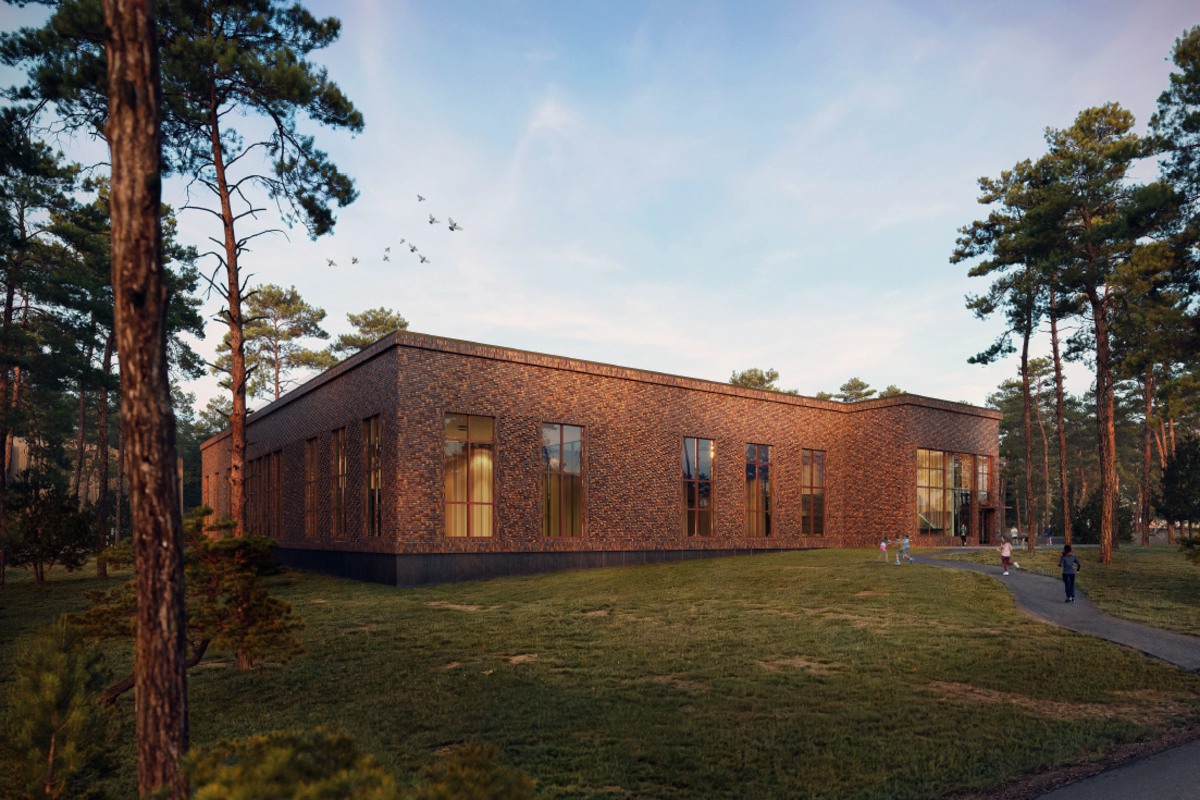 Förslag på exteriör, rött tegel och stora fönsterpartier.