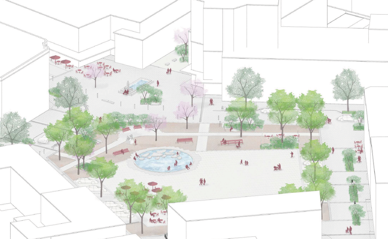 En skiss över Stortorget i Vetlanda, med utplacerade träd, bänkar och en rund vattenspegel.