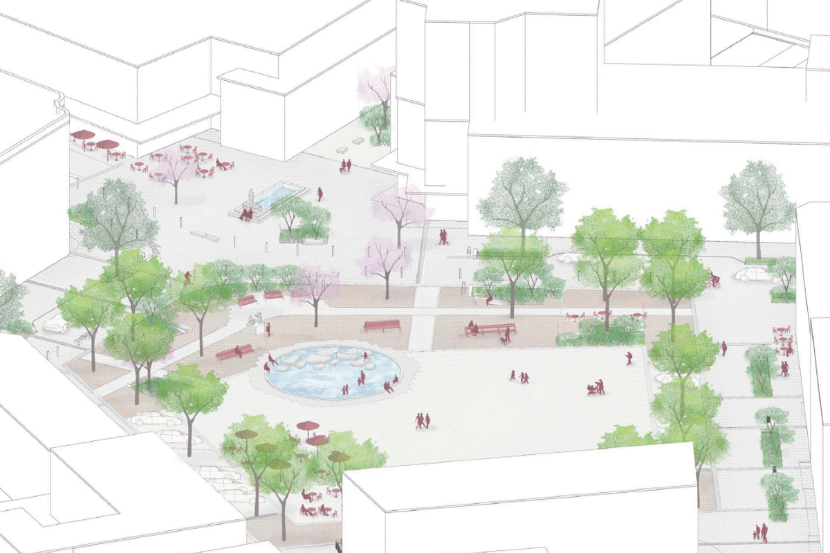 En skiss av hur Stortorget i Vetlanda skulle kunna se ut, med grönskande träd, en rund vattenspegel, bänkar och sittmöbler.