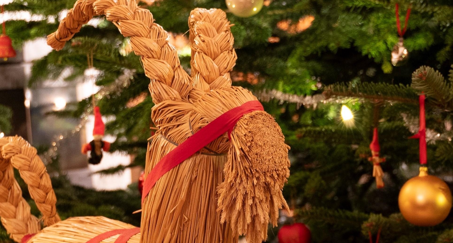 Julbock i halm framför en klädd julgran