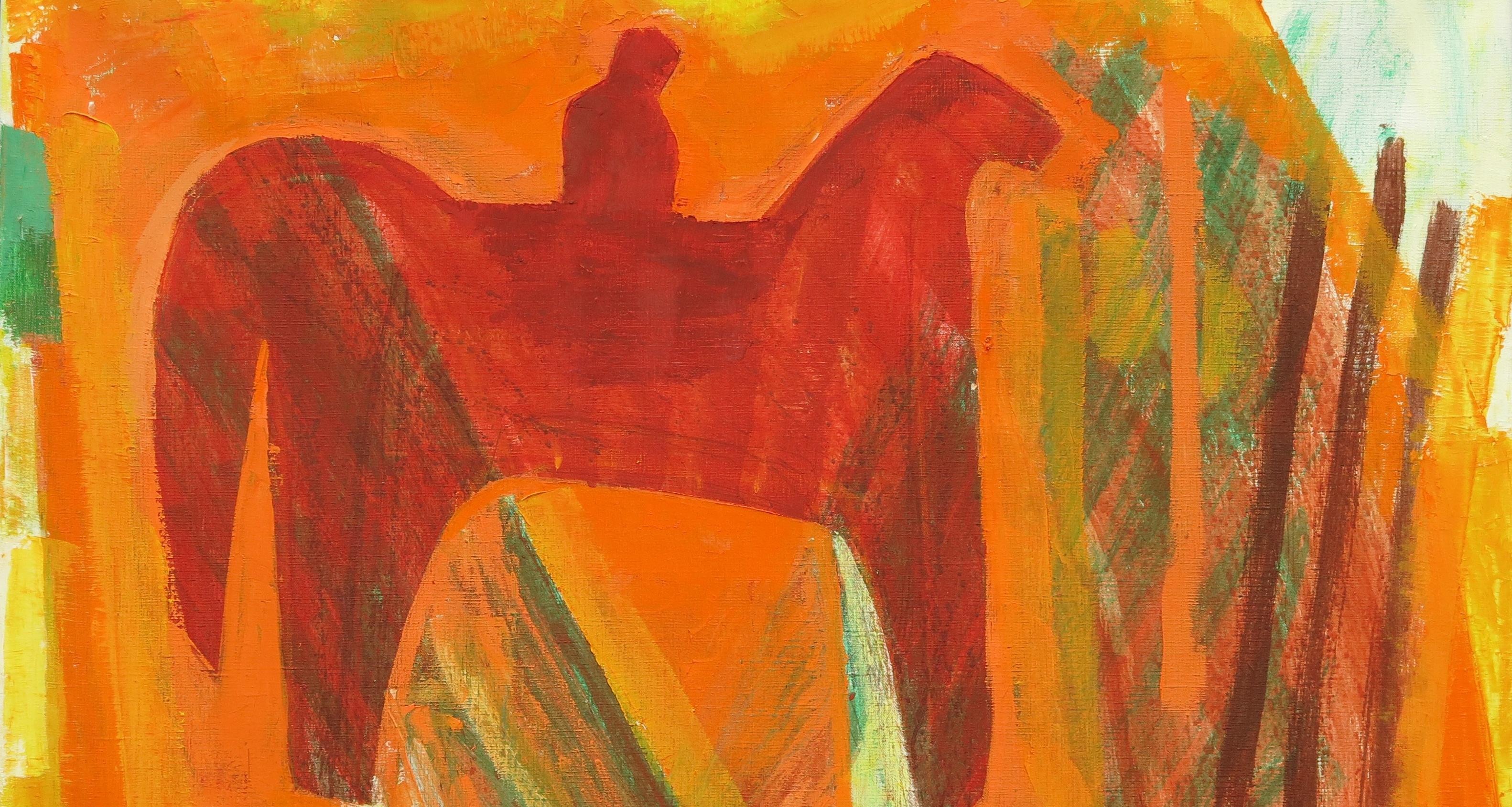 Bilden visar en orange-röd-gul bakgrund med ett stort rött djur som påminner om en häst. På djurets rygg sitter en röd ryttare.